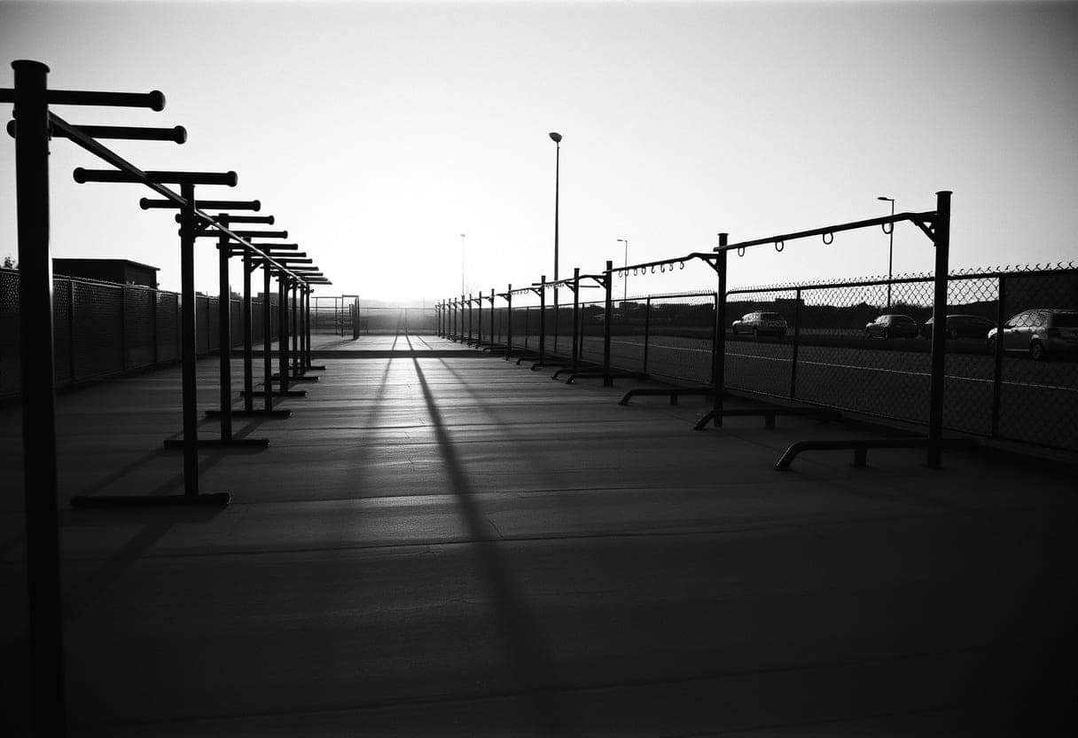 Parque de calistenia vazio ao entardecer, barras contra o sol baixo.