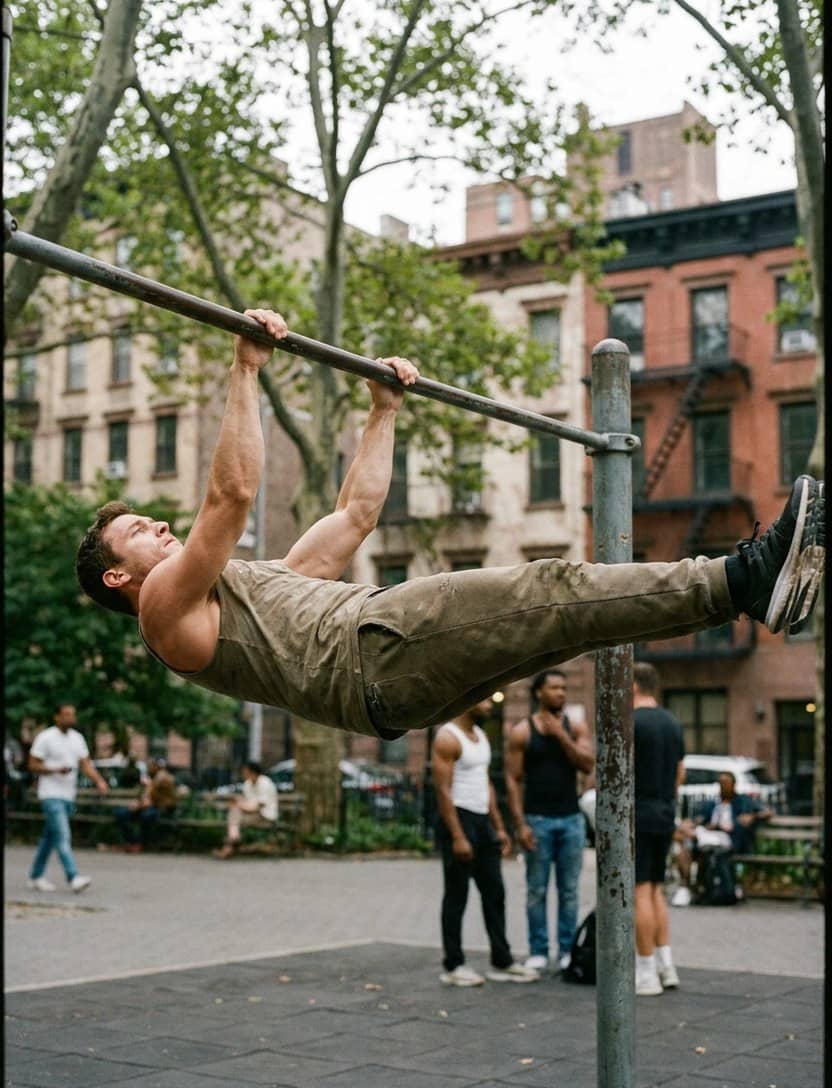 Front lever: corpo suspenso, paralelo ao chão.