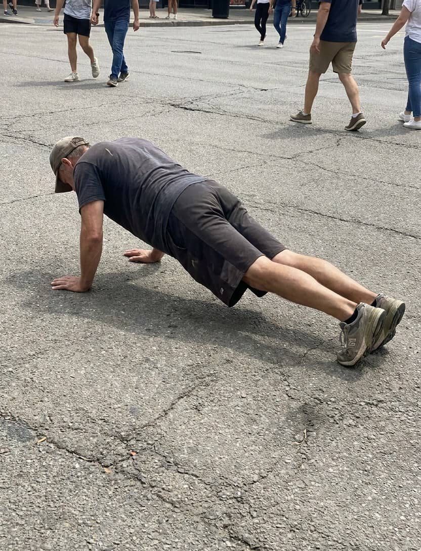 Homem fazendo flexão de braço no concreto de uma praça.