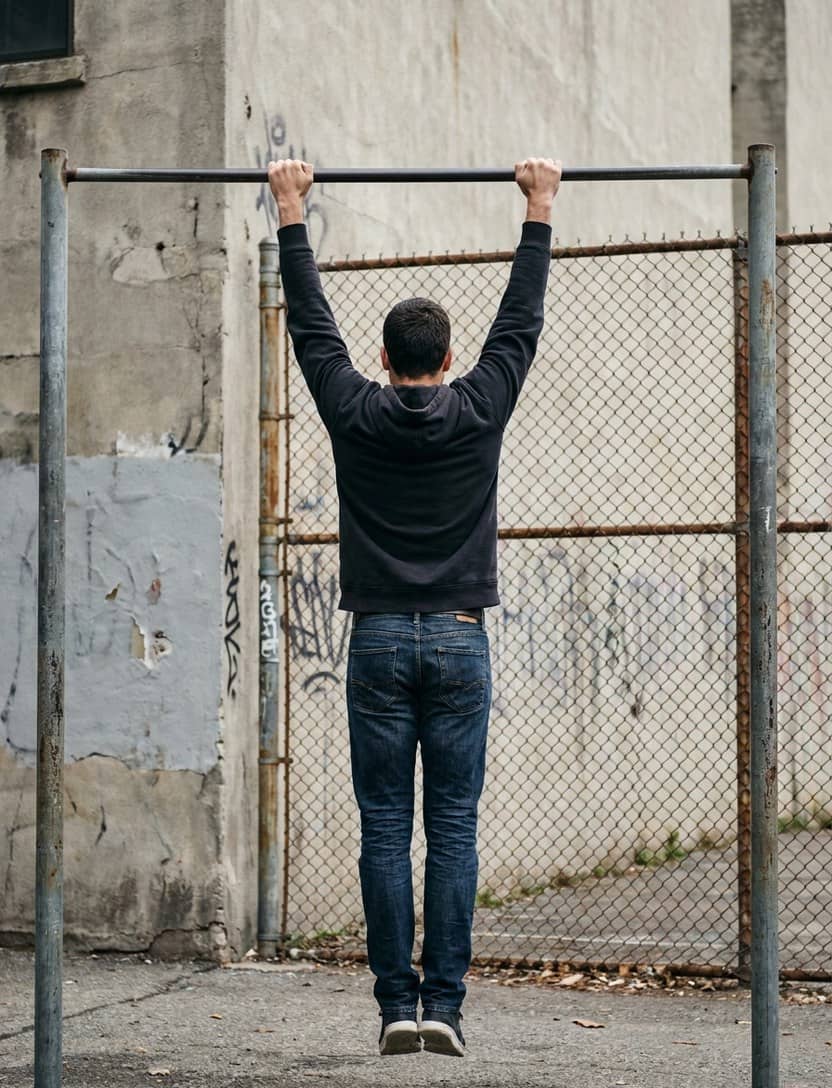 Atleta pendurado numa barra fixa de rua, prestes a subir, contra um muro branco e alambrado.